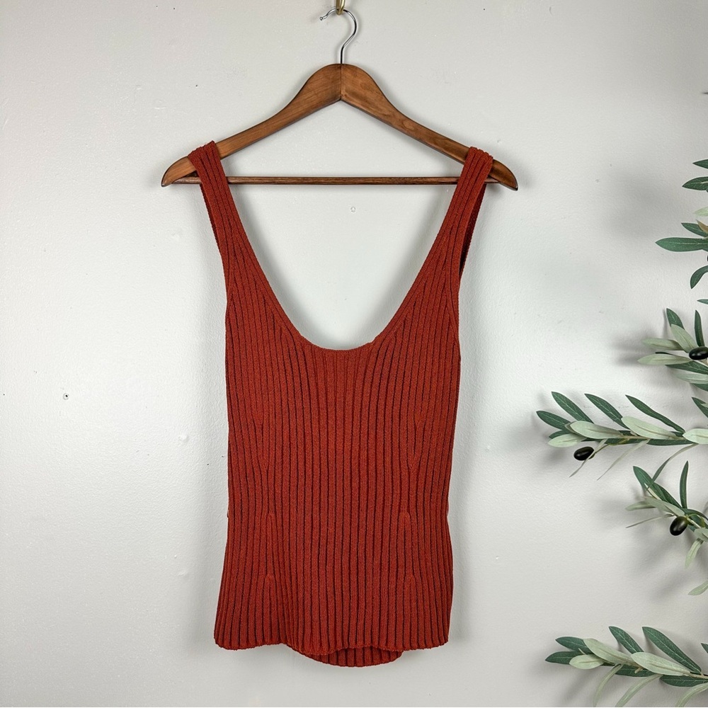 Vince Ribbed Tank Top Organic Cotton Scoop Neck Rust Minimalist - Picture 5 of 17